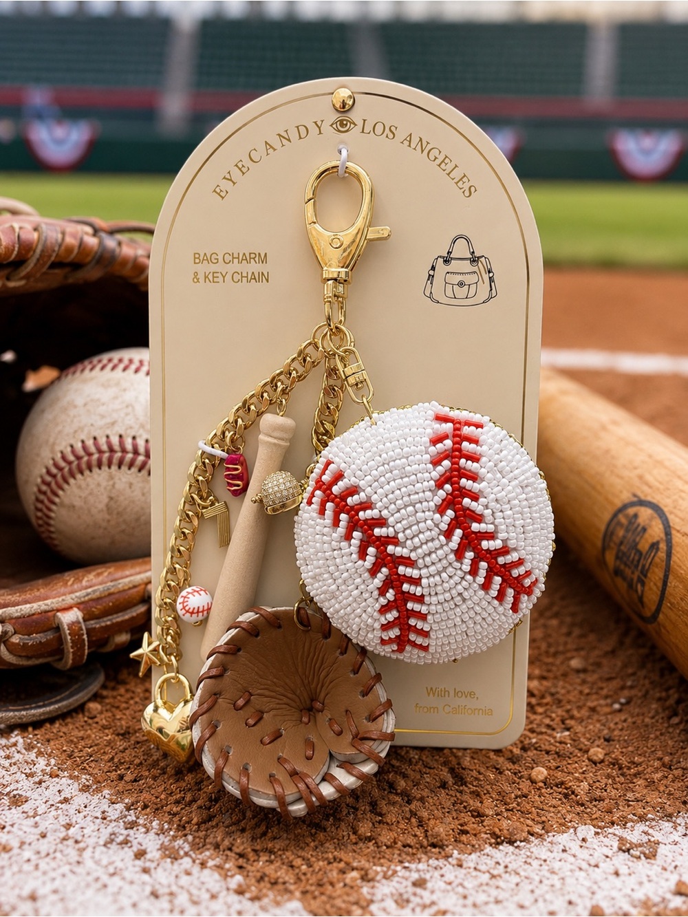 EyeCandy Los Angeles White & Red Beaded Baseball Bag Charm Key Chain